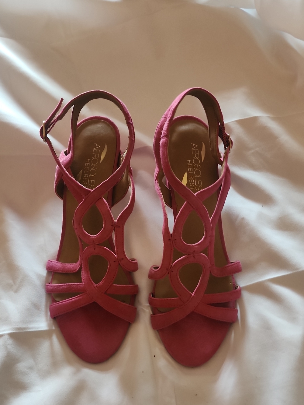 AEROSOLES HEELREST Fuchsia Suede Strappy Open-Toe Heels